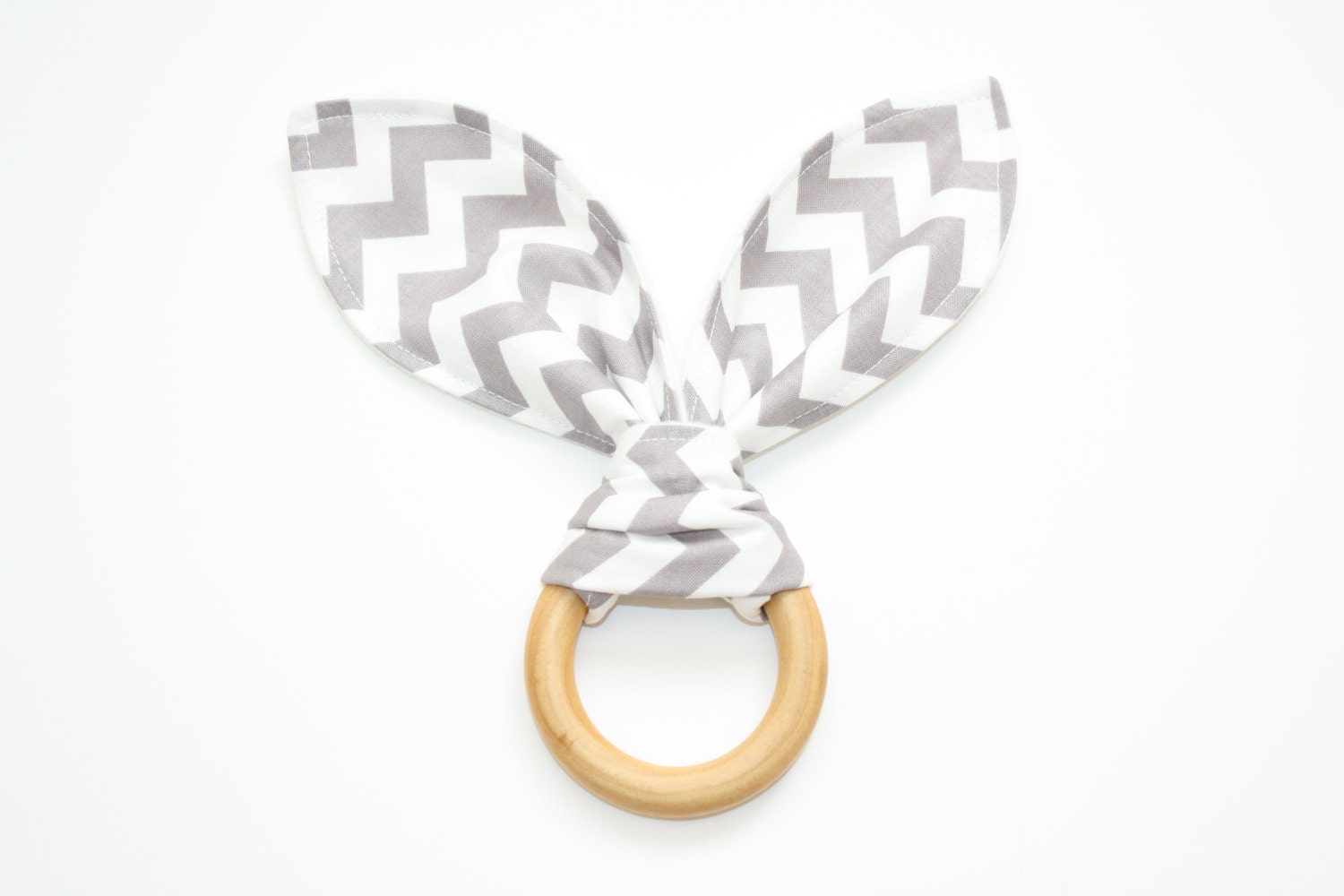 Natural Organic Treated Wooden Teething Ring - Chevron in Gray and Organic Flannel - Over 100 Fabric Choices