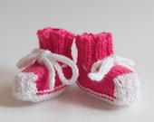 Infant knitted high tops sneaker booties, pink white, size 0-6 mos.