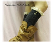 SALE Lace leg warmers Charcoal Grey cluny lace 2 tortoise buttons womens rib knit pattern great with all boots by Catherine Cole Studio LW3