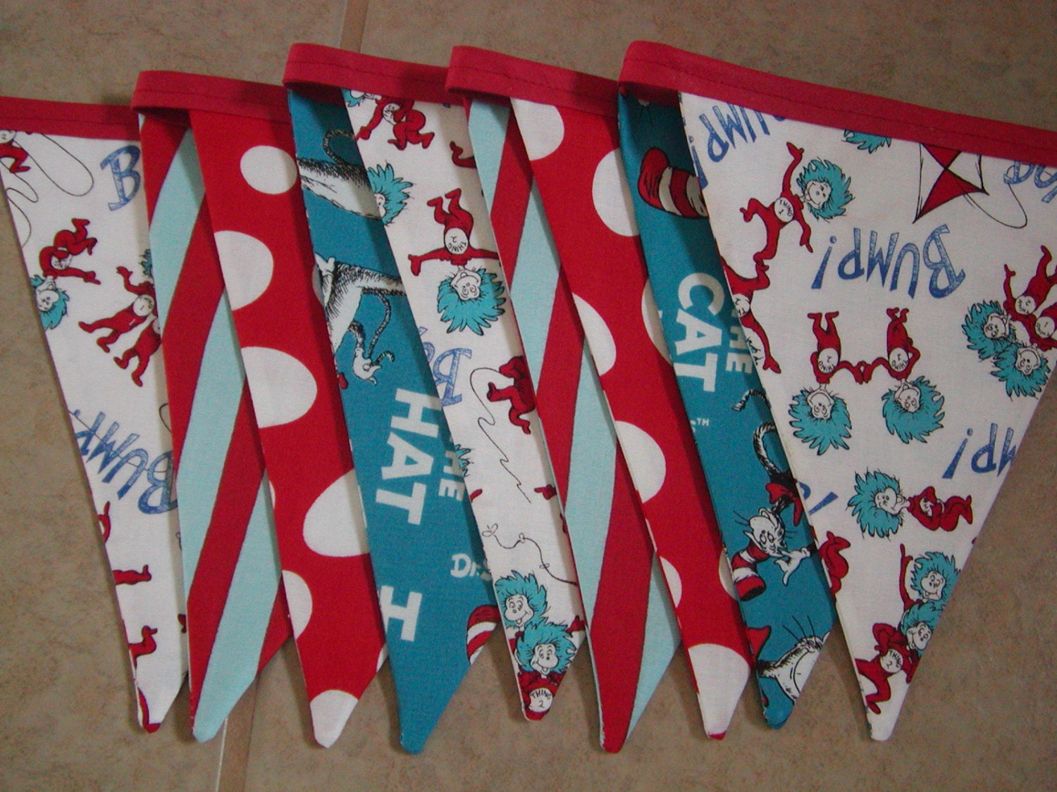 Dr.Seuss Thing 1 and Thing 2 Fabric Flag Bunting, Ready to Ship, 9 Ft 9 Large Flags,  Fabric Banner/Bunting, Photo Prop