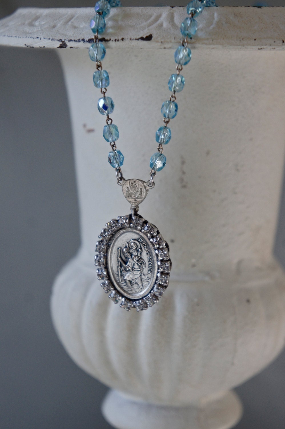 Vintage assemblage necklace religious medal st. christopher rhinestones rosary chain assemblage jewelry - Faith by French Feather Designs.