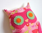 Cute Pink Owl Cushion/Pillow in 1950's Style Cocktail Fabric. Made with Warm Pink Colors. Great for a Valentines Gift or a Nursery Pillow.