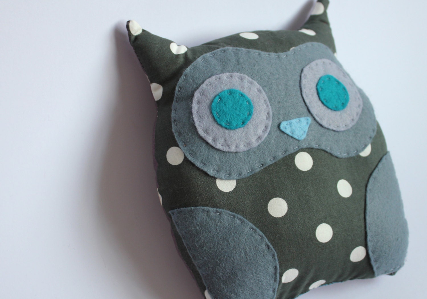 Stylish Owl Pillow in Sophisticated Polka Dot  Fabric. Hand Sewn Felt features. Perfect for a Nursery Cusion or as a Valentines Gift.