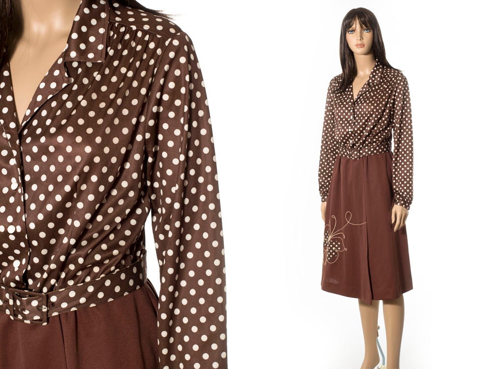 Vintage rockabilly polka dot brown dress size medium. Butterfly novelty design