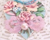 Vintage Greting Card Necklace- Valentines Day- Vintage Doilies