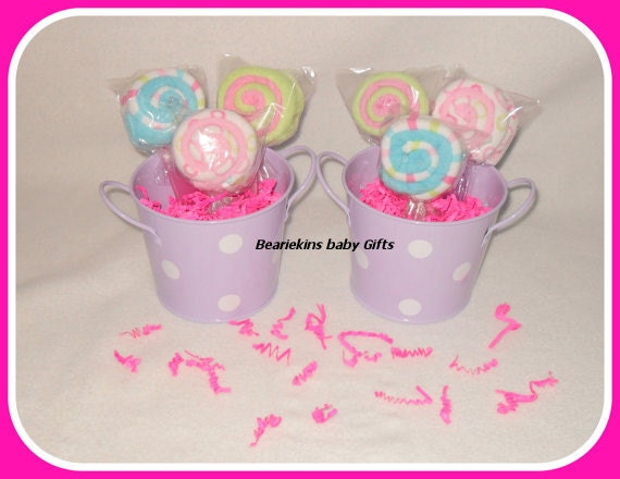 SIX Baby Washcloth Lollipops With Decorative Tin Pail Included-Adorable Baby Shower GIft