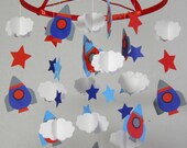 Rocket Ships, Stars and Clouds Decorative Baby Mobile