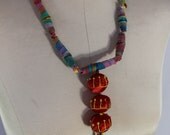 Upcycled Recycled Repurposed Tie-Dyed Vintage Women's Necklace of Silk Japanese Kimono, Cracker Jack Charm, Amethyst, Malachite