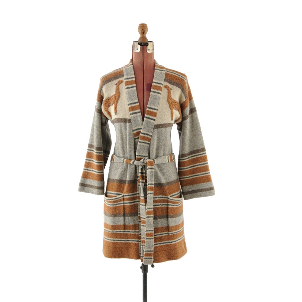 Vintage 1970's Shetland Wool Knit Southwest Stripe Duster Cardigan Sweater M