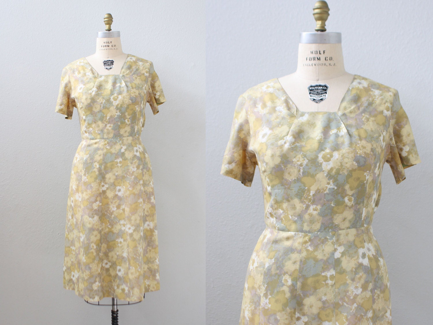 1950s dress / Yellow and Grey Floral Dress / Plus Size