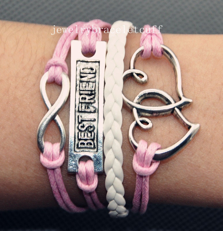 jewelry Infinity, Best friend & heart Charm Bracelet-Silver, cotton ropes Leather Braid Bracelet-Personalized Friendship gift   SH-0823