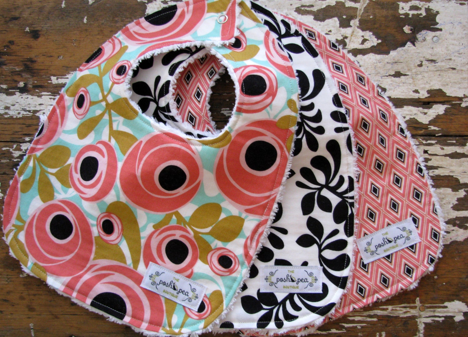 Baby Bibs for Baby Girl - Set of 3 - Coral Pink Floral, Black Scrolls and Pink Diamonds