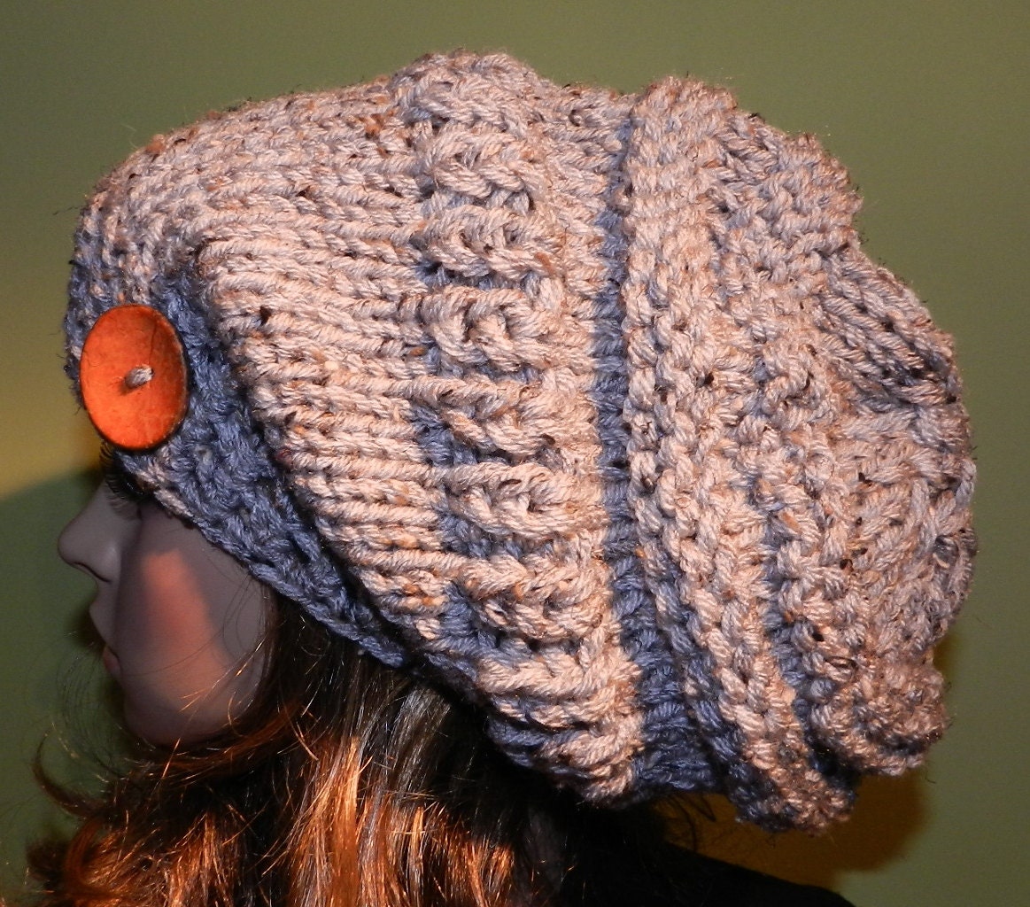 Hand Knitted Chunky, Slouchy Hat, Big Baggy Beanie ,Boho, Women/Teen, Large Slouchy Hat, Hippster Cap in Grey Marble with Button