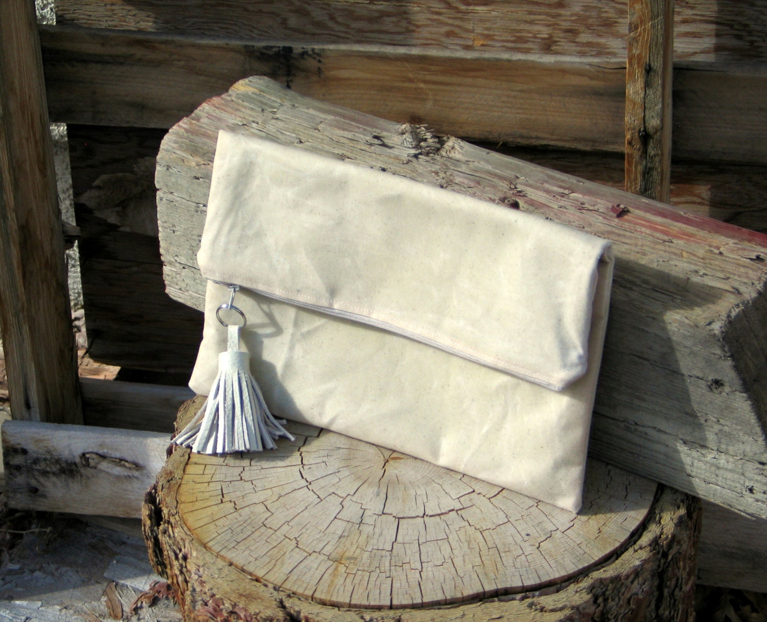Waxed Canvas  Fold-over Clutch in Ivory with Organic Cotton Lining
