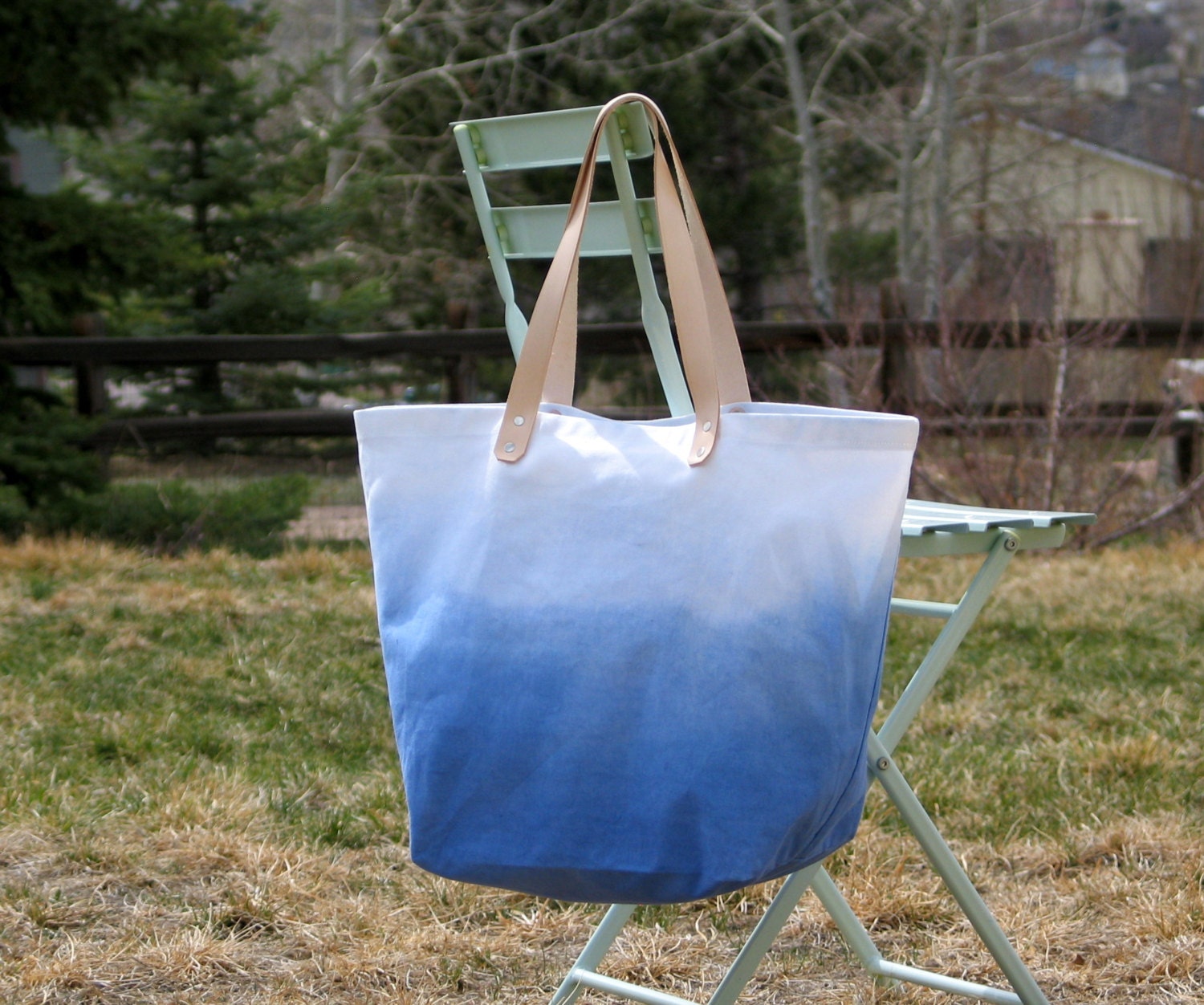 Ombre Canvas Tote  Bag with Leather Handles- Ocean Blue