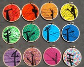 Choose ANY 3, Mini Hoop Trio, "Telephone Pole Rainbow Series", recycled fabric art, mounted in 4 inch embroidery hoops, ready to hang