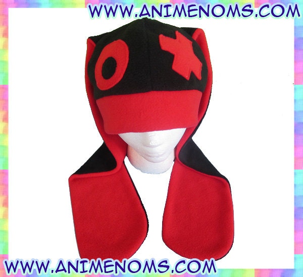 Hugs and Kisses Bunny Hat (Black and Red) - Fleece Rave Dance Kawaii Cute Clothing Chibi Long Ears Rabbit Cosplay Anime Adult Teen Child