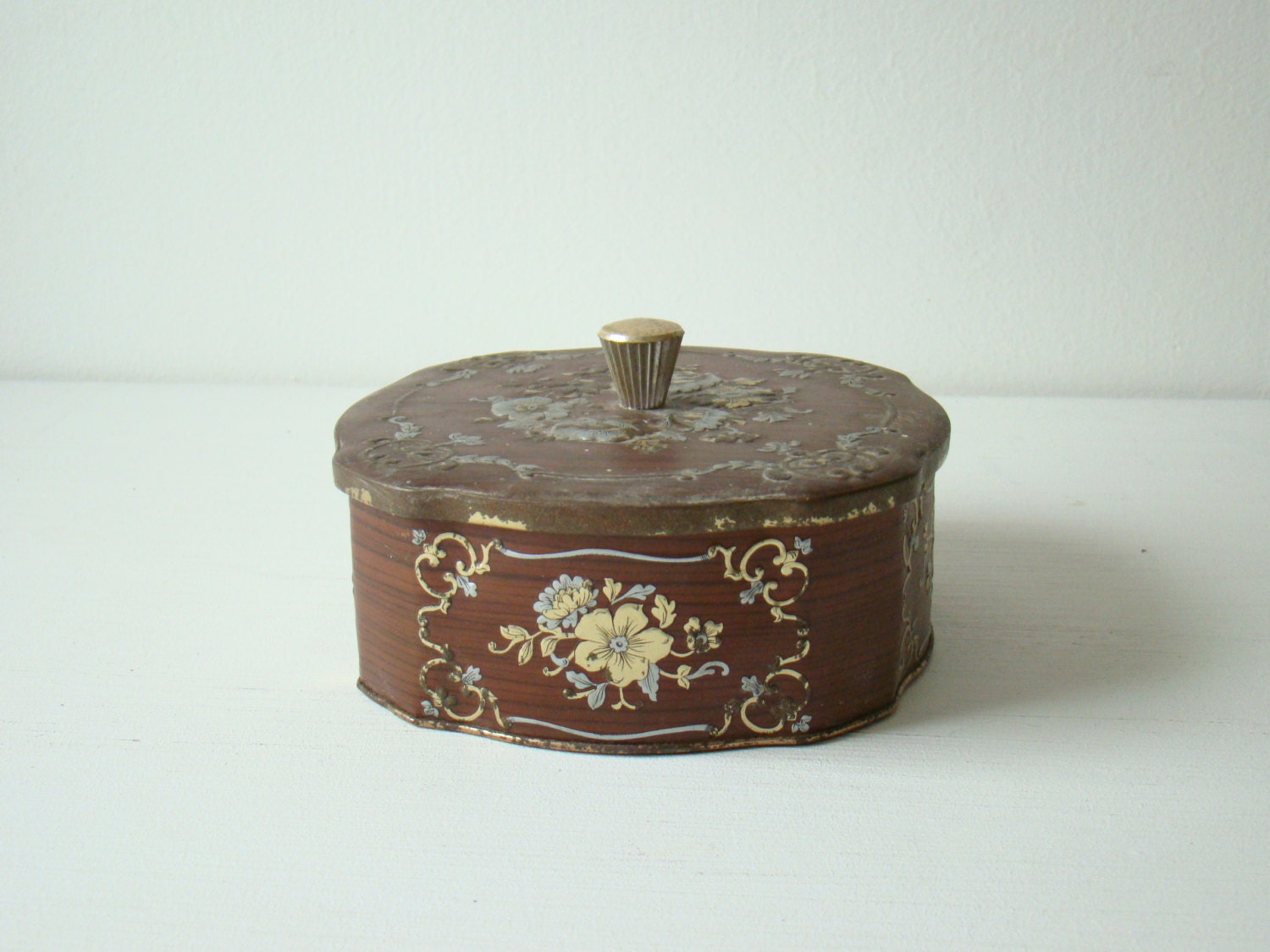 vintage brown tin with gold floral design and handle, vintage french tin, brown and gold design