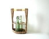 french bottle carrier, wicker wrapped vintage bottle carrier, four bottle carrier, wine bottle carrier, shabby chic home decor