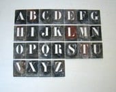 antique french zinc stencil set, alphabet letter stencils, small aluminum stencils, industrial letters, lipped stencils