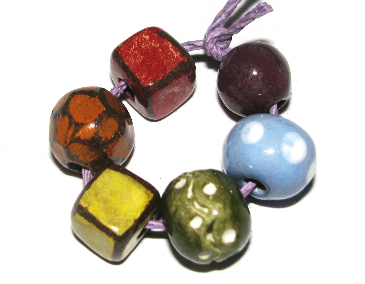 6 x Handmade Ceramic Stoneware Beads Set Rainbow Red orange Yellow Green Blue Purple Textured Faceted