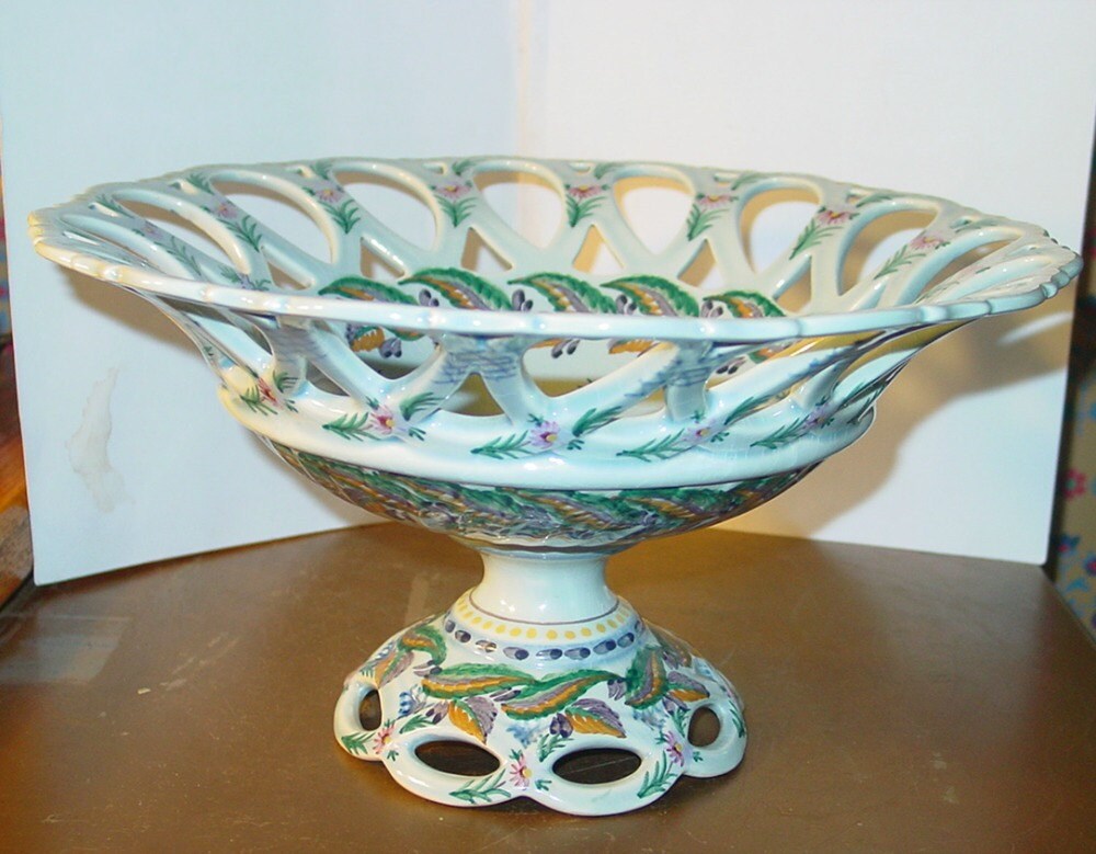 Large Carvalhinho Porto Compote Hand Painted Flower Motif Portugal Pottery