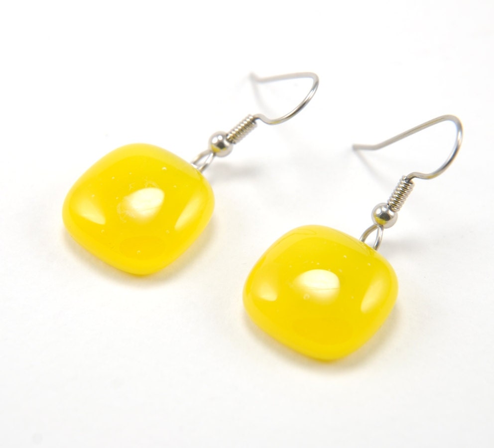 Glass dangle earrings in bright sunflower yellow - modern, geometric fused glass jewelry, square