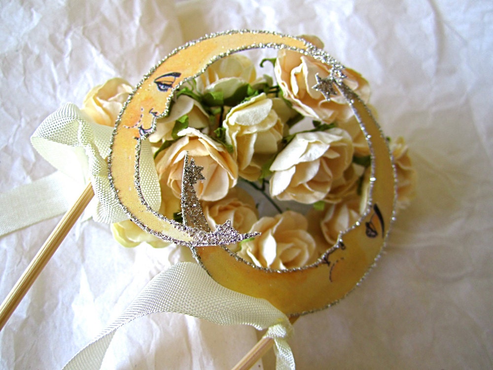 Crescent Moon Wedding Cake Toppers - Set Of 2- Vintage Inspired - Outlined in Silver Glitter