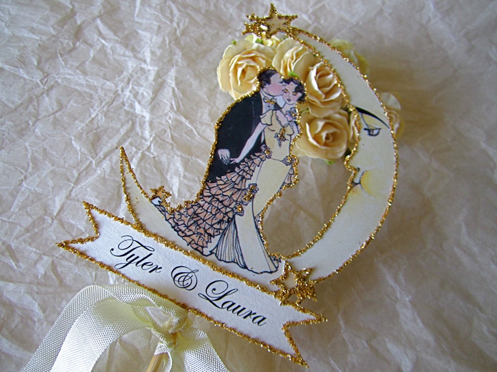 Vintage Moon Wedding Cake Topper -Small Size- Art Deco, Custom Banner - Outlined in Gold Glitter
