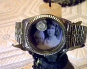 repurposed weathered gold tone watch with vintage image and ivory rose  beautiful