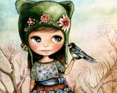 little girl with bird in the forest art print
