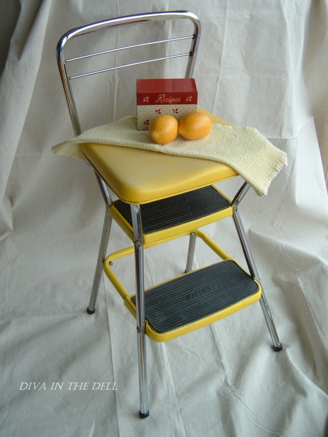 Vintage Lemon Yellow Cosco Kitchen Step Stool and Seat