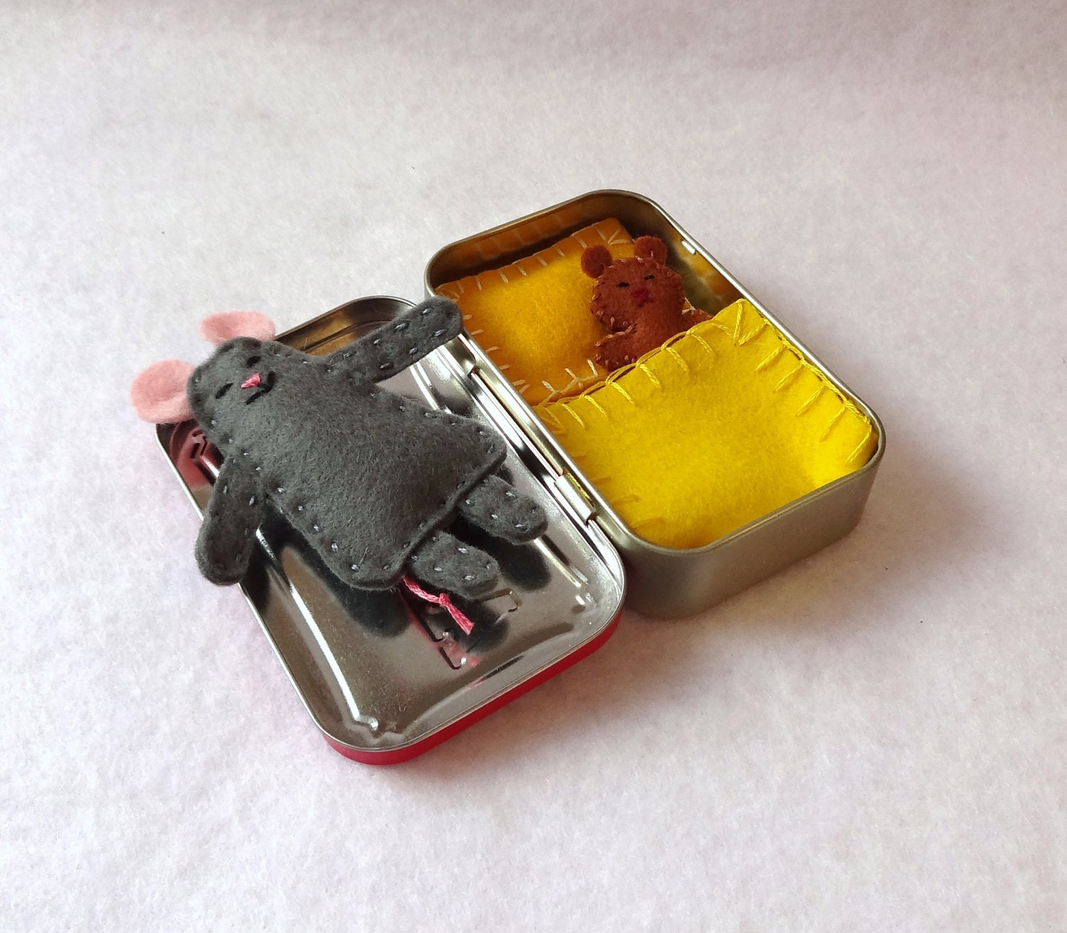 charcoal grey Wee Mouse in Altoids Tin House with yellow bedding - in stock and ready to ship