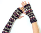 Long Black  Striped Confused Gloves  Fingerless Gloves Elastic Arm Warmers Upcycled Recycled Sweater Arm warmers Leg warmers.