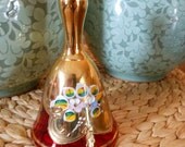 Vintage Red Murano Italian Glass Bell Italy 1970s with Gold Accents and Relief Flowers