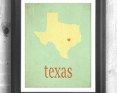 Typographic map art print customizable state poster wall sign Texas poster print teal red - 11x14 Typography