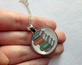 Read.  Stack of Books Drawing. Round Silver Art Necklace.