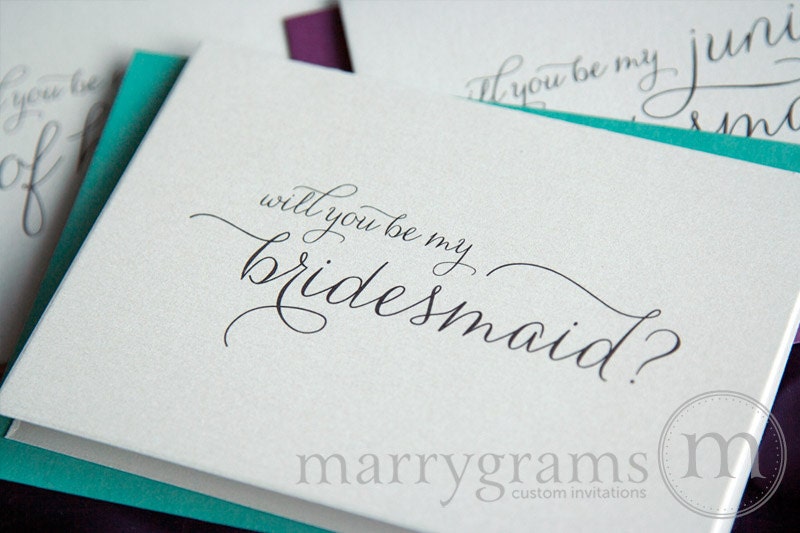 Be My Bridesmaid Card Set, Maid of Honor, Flower Girl, Cards to Ask Bridal Party - Colorful Pink, Tiffany, Navy Purple (Set of 4)