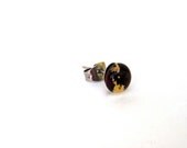 Fused glass earring stud for studly men with 23 kt gold, black, surgical steel back