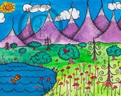 Childrens limited edition landscape nature painting art archival print purple mountains green trees red flowers orange fish birds clouds