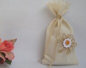 Small Favor Bags SET OF 10 Cotton Linen Burlap Lace Flower Off white Gift Bags Drawstring Pouch Reusable Wedding Rustic Shabby chic
