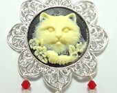 Fluffy Cat Necklace with Czech Crystals, Ladybug, Owl and Feather Charms - On A Quadruple Black Organza Ribbon
