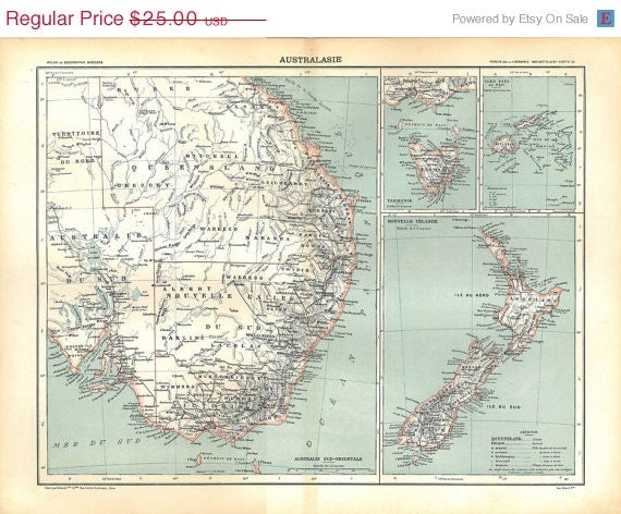 Australasia Vintage Map 1889 Australia New Zealand Fiji