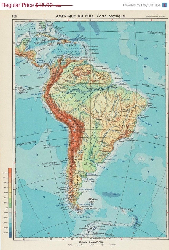 1950s South America Relief Map Vintage