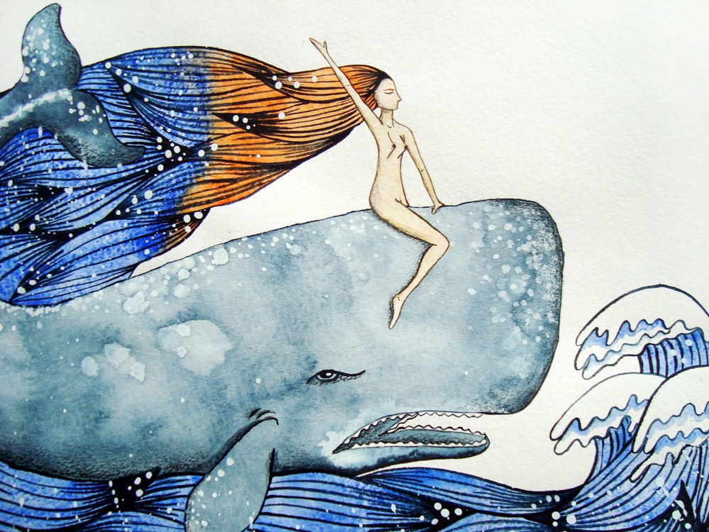 A3 Original painting, girl and whale friendship in the wild ocean