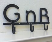 Personalized western metal hat or tack rack, 3 letters & 4 hooks, horseshoe decor,  MADE to ORDER