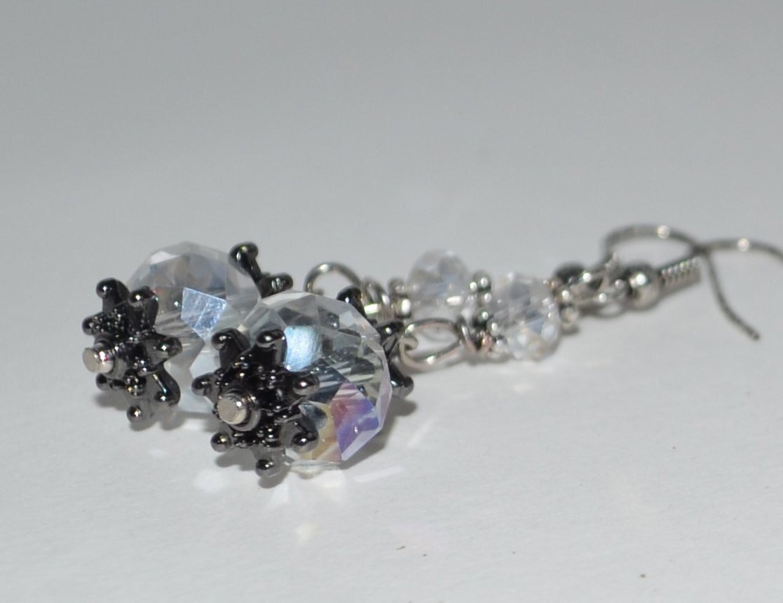 Gifts for her, under 20, Dangle Earrings Black Nickel Crystal Bead Sparkle OOAK Original Design
