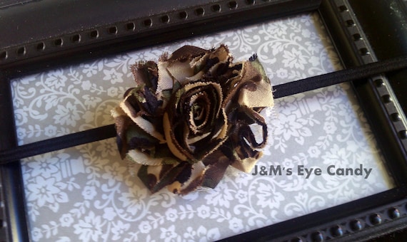 STRONG-FREE SHIPPING-Single Dark Camo Shabby Flower-Headband-Clip