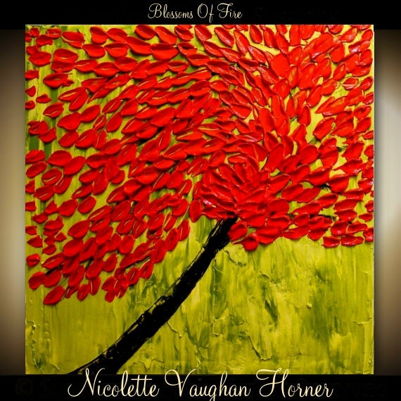 Original  abstract Oil  contemporary  gallery canvas  palette knife floral impasto RED BLOSSOM  painting by Nicolette Vaughan Horner 24x24
