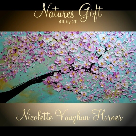 Oil Landscape painting Abstract Original Modern 48" palette knife Pink Cherry Tree oil  impasto oil painting by Nicolette Vaughan Horner